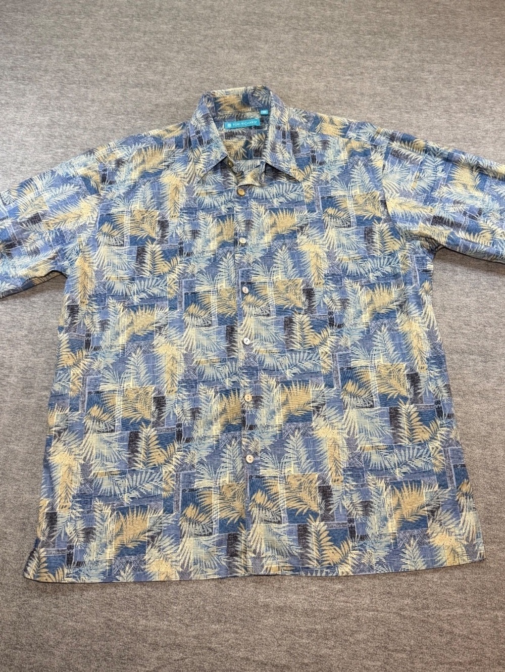 Tori Richard Hawaii Men’s Medium Blue Palm Leaf Hawaiian Camp Shirt Made in USA
